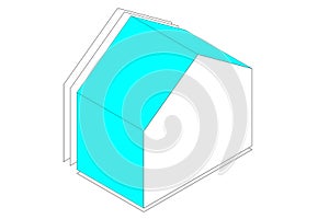 House schematically drawn with linear elements, in 3D three-dimensional perspective.