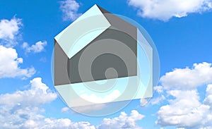 House, schematically drawn with linear and transparent elements, in 3D three-dimensional perspective.