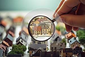 House searching concept. Hand holding magnifying glass and looking at small houses. Home selection, real estate concept