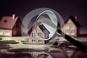 House searching, magnifying glass looking at house model,