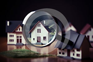 House searching, magnifying glass looking at house model, house