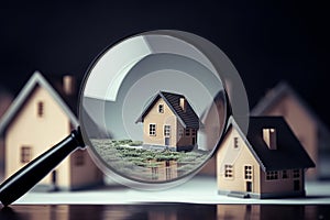 House searching, magnifying glass looking at house model, house selection,