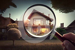 House searching, magnifying glass looking at house model, house selection, real estate concept