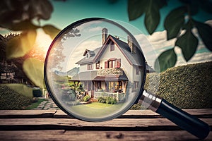 House searching, magnifying glass looking at house model, house selection, real estate concept