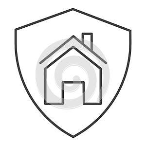 House in secure shield thin line icon, self isolation concept, home protection sign on white background, building in