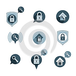 House security protection vector icons set, home, house, padlock