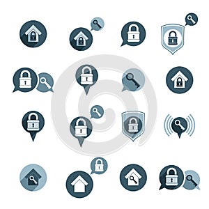 House security protection vector icons set, home, house, padlock