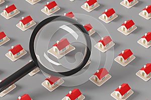 A house seen through a magnifying glass. Search for real estate concept. 3d illustration