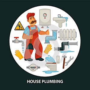 House service vector flat poster for kitchen or bathroom sewerage and leakage plumber repair equipment