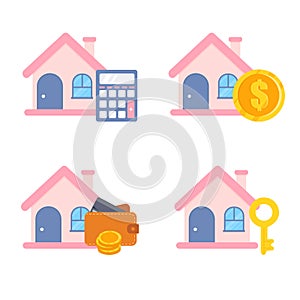 House set with key, coins, wallet, calculator, isolated on white background