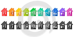 House set with various work tool icons displaying related professions and services