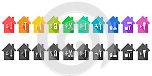 House set with various work tool icons displaying related professions and services photo