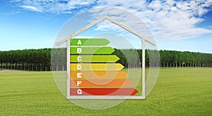 House shape and energy efficiency chart symbol, isolated on nature background, green buildings, save energy eco sustainability