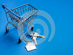 House shape keys with trolley against blue background. Buying house or listing property concept.