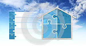 House shape and puzzle symbols, isolated on sky background, infographic for green buildings, save energy eco sustainability