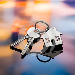 House shaped keys on reflective surface with blurred vibrant colors, symbolizing homeownership at dusk photo