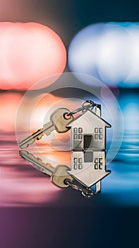 House shaped keys on reflective surface with blurred vibrant colors, symbolizing homeownership at dusk photo