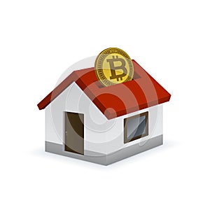 House shaped piggy bank icon with bitcoin