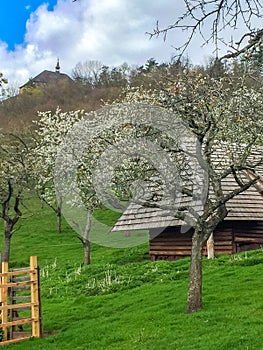 House about sheep and hay, behind ruin of Tochnik Castle. Old stronghold, Czech