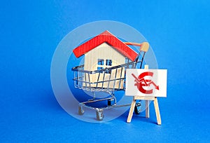 House in a shopping cart and an easel with a red euro arrow down chart. Fall of real estate market. Value cost decrease