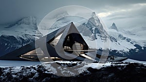 A house is shown with snow-capped mountains, in the style of futuristic settings, dark and brooding designer, nature-inspired,