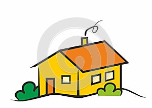 House with shrubs, smoking chimney, home heating, vector sketch, illustration, eps.