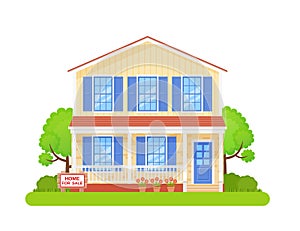 House with sign for sale. Vector illustration in flat design