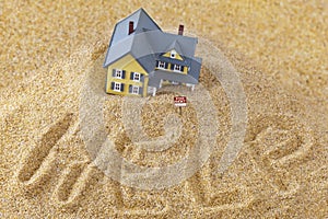 House sinking in quick sand with for rent sign and word help written in sand