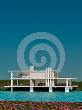 a house sitting on top of a lush green field next to a lake with a bench on it\'s side, 3D illustration, a digital rendering,