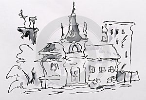 House sketch created with black ink. Black white illustration