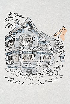 House sketch created with black ink and markers. Color illustration