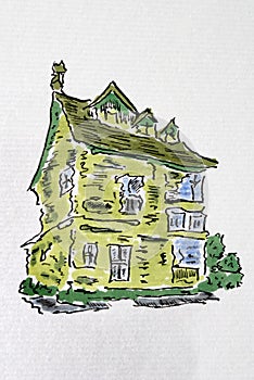 House sketch created with black ink and markers. Color illustration