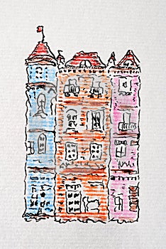 House sketch created with black ink and pencils. Color illustration