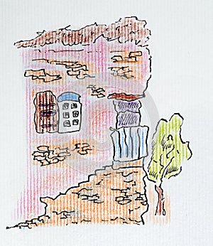 House sketch created with black ink and pencils. Color illustration