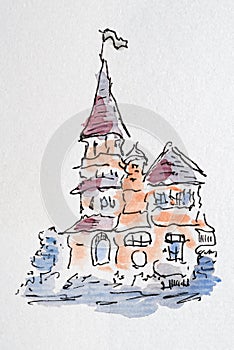 House sketch created with liner and watercolors. Color illustration