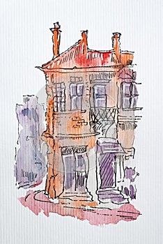 House sketch created with liner and watercolors. Color illustration