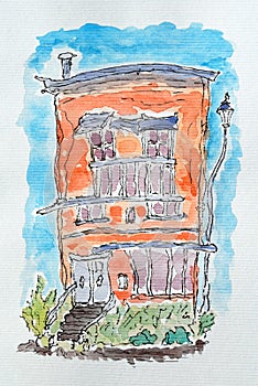 House sketch created with liner and watercolors. Color illustration