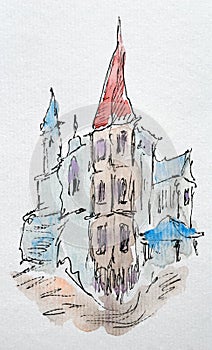 House sketch created with liner and watercolors. Color illustration