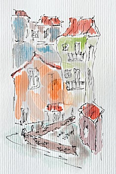 House sketch created with liner and watercolors. Color illustration