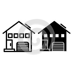 House with small windows line and glyph icon. Cottage with gable roof vector illustration isolated on white. Home