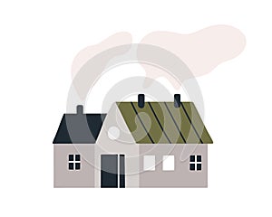 House with smoke from chimney. Country home in Scandinavian style. Outside of cute countryside building. Small nordic