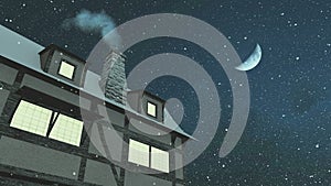 House with smoking chimney at snowfall night