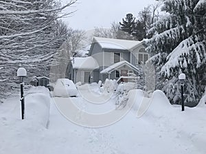 House during a snow storm cars in driveway