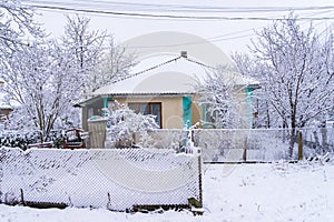 House in the snow. Winter background, selective focus