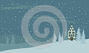 House in a snowy Christmas horisontal landscape at night. Cute vector illustration in flat cartoon style