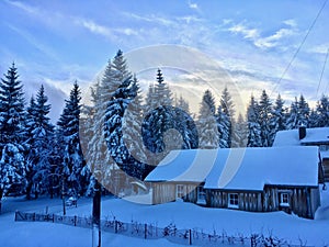 The house in the snowy germans mountains in the Harz region