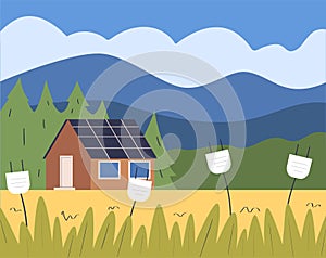 House with Solar Panel Battery on Roof and Plugs as Ecology and Planet Preservation Vector Illustration