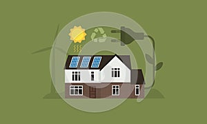 House with solar panels on the roof. Flat style minimal illumination. Eco friendy home. Vector