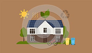 House with solar panels on the roof. Flat style minimal illumination. Eco friendy home. Vector