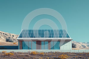 A house with solar panels on the roof and a large window